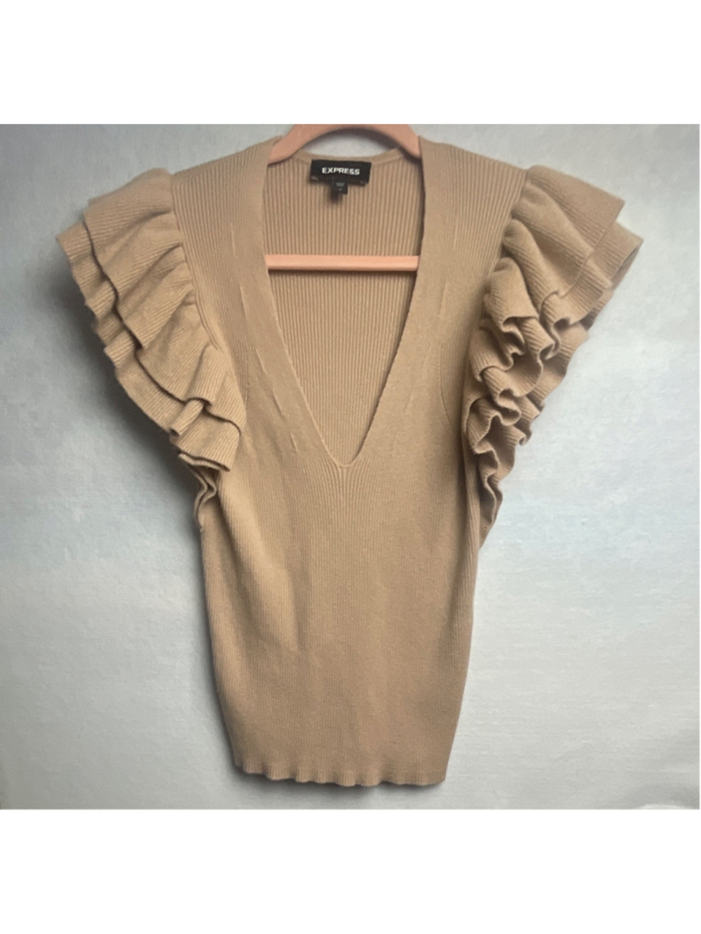 Express Women’s Solid Beige Rib-Knit V-Neck Ruffle Pullover Sweater M